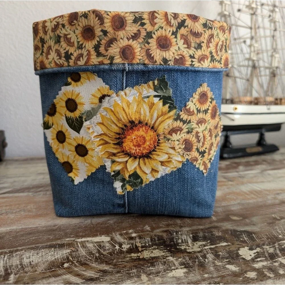 Hand Crafted Sunflower/Recycled Denim Basket/Bin